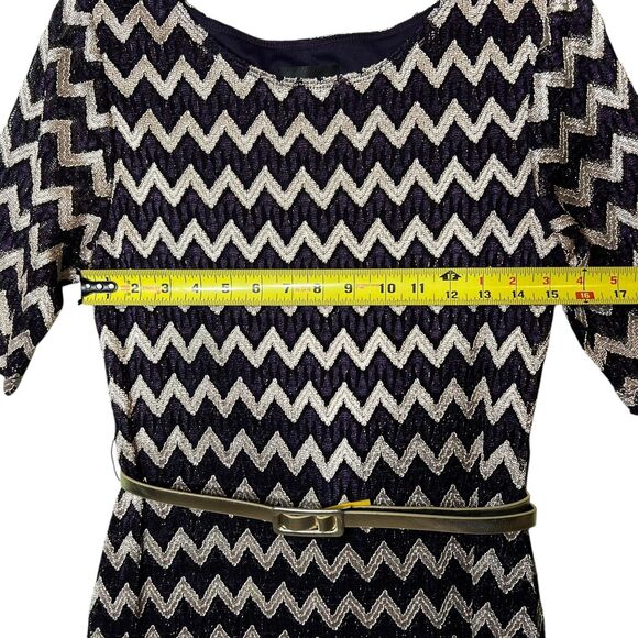 Connected Apparel Dress Womens 10 Black Gold Chevron Metallic Belted A-Line - Picture 7 of 13